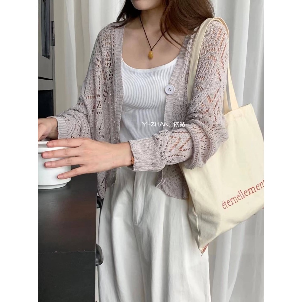 55p.cinereus ▷預購 鏤空針織排釦長袖上衣罩衫-細節圖11