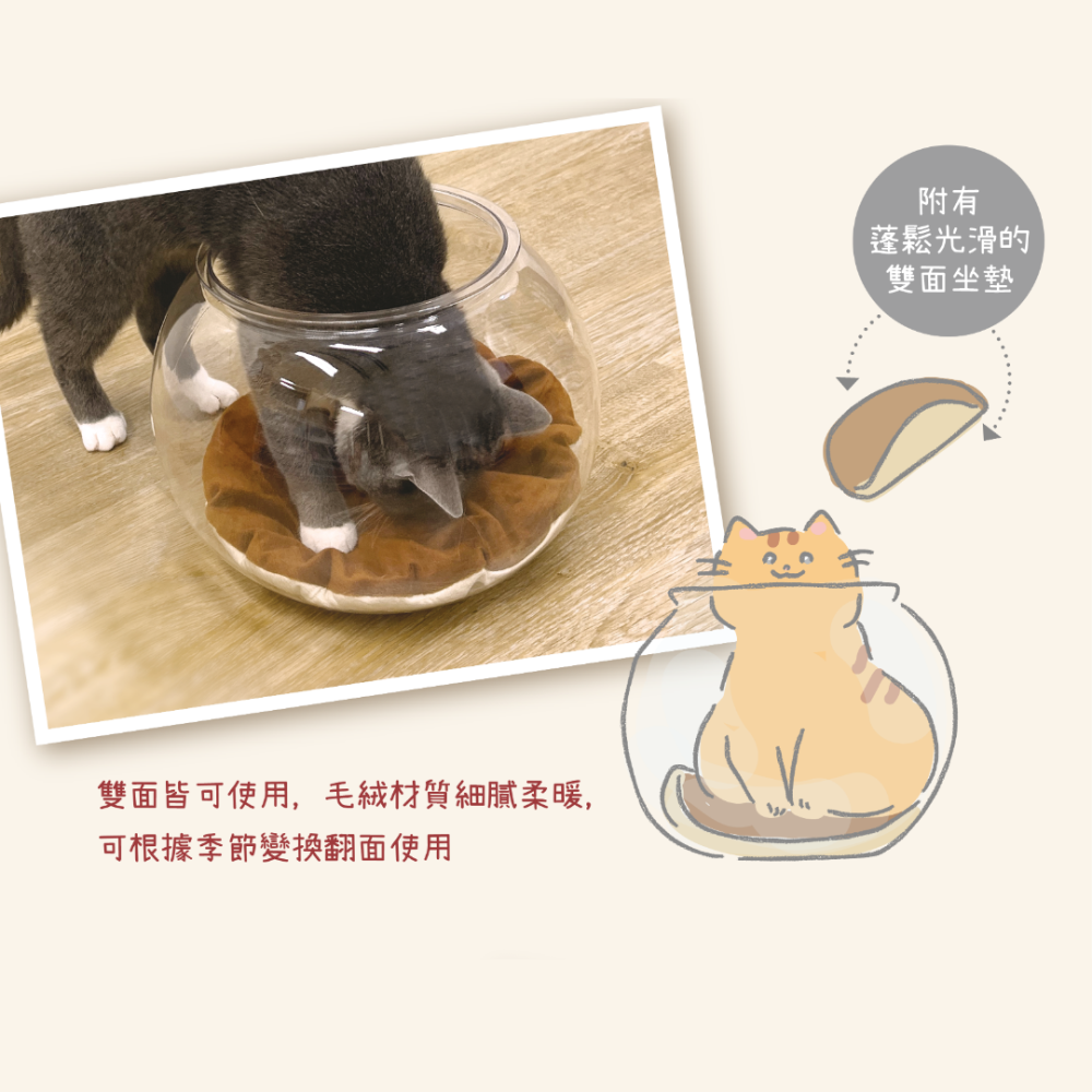 【CattyMan】透明金魚缽貓窩｜360度視角🔥貓咪變液體 金魚缸造型 附雙面墊+遮光簾 療癒肉球看光光 四季通用-細節圖4