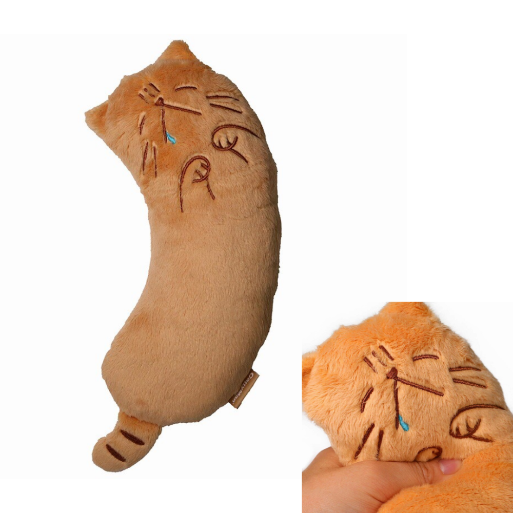 【CattyMan】日本貓咪專用舒適造型枕 仿真毛絨觸感 貓咪饋頭枕 陪睡抱枕 寵物安撫枕 灰色吐舌/棕色翻肚 貓枕頭-細節圖3