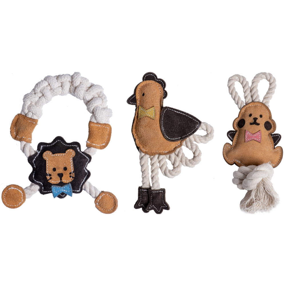 【DoggyMan】天然牛革潔牙玩具 狗狗耐咬棉繩 幼犬磨牙 寵物互動拔河玩具 獅子/兔子/公雞-細節圖2