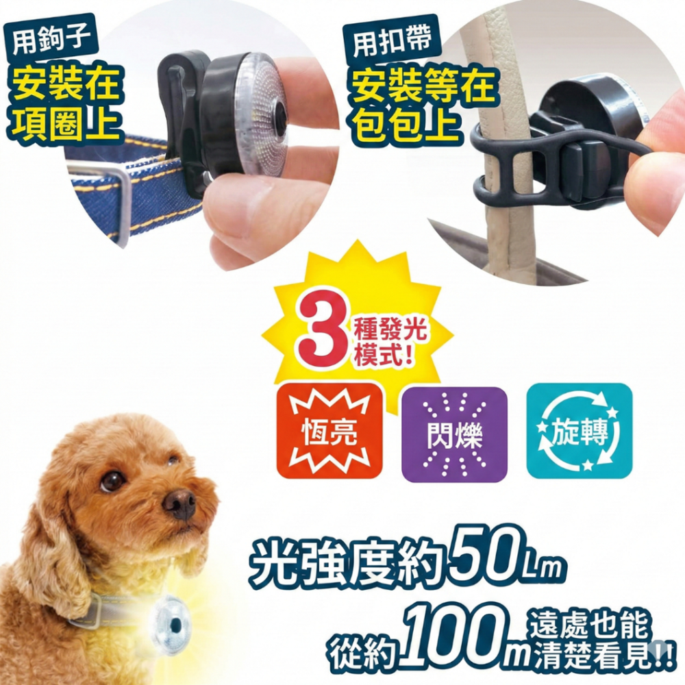 【DoggyMan】犬用夜行可充電式LED散步燈 100公尺可見 高亮度 防水防走失 寵物警示燈 發光扣環-細節圖3