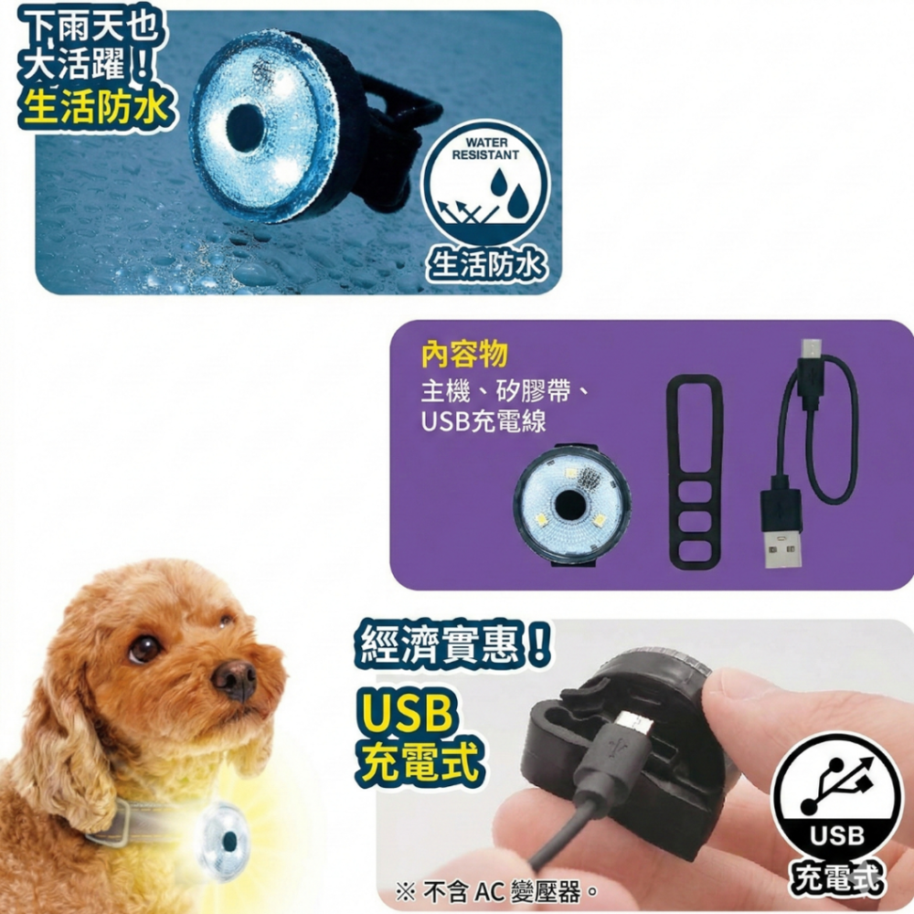 【DoggyMan】犬用夜行可充電式LED散步燈 100公尺可見 高亮度 防水防走失 寵物警示燈 發光扣環-細節圖4