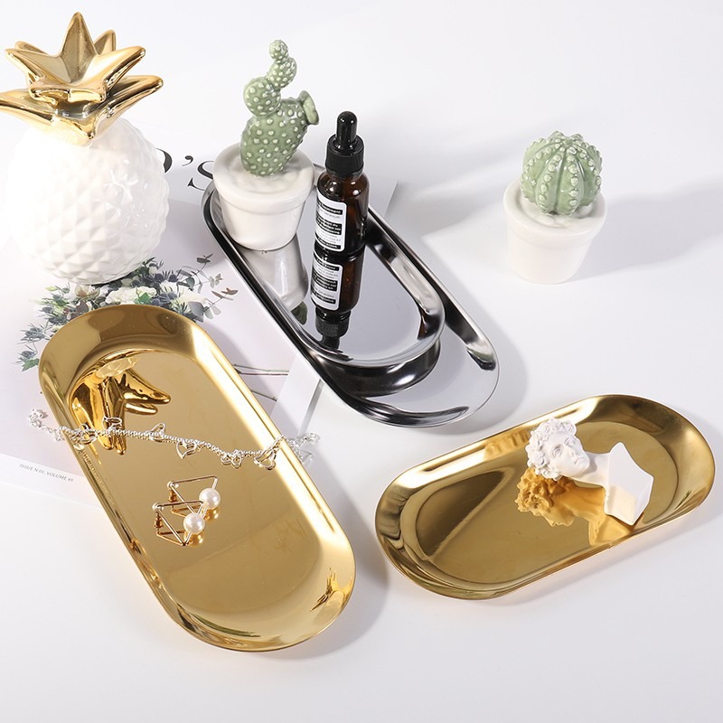 金屬收納托盤 ins金色橢圓盤子 北歐設計金色銀色橢圓形 金屬置物盤 點心盤 首飾盤 托盤 北歐風 收納盤 飾品托盤-細節圖2