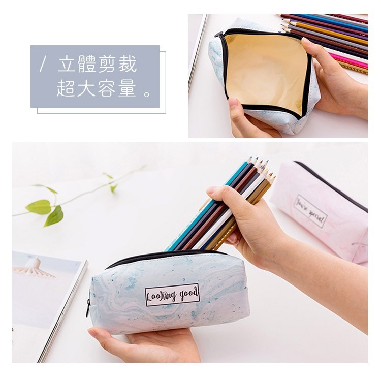質感大理石紋鉛筆盒 筆袋 新款韓版創意學生文具 PU皮質八角四方梯形簡約大容量鉛筆盒 大理石八角筆袋 簡約多功能文具盒-細節圖3