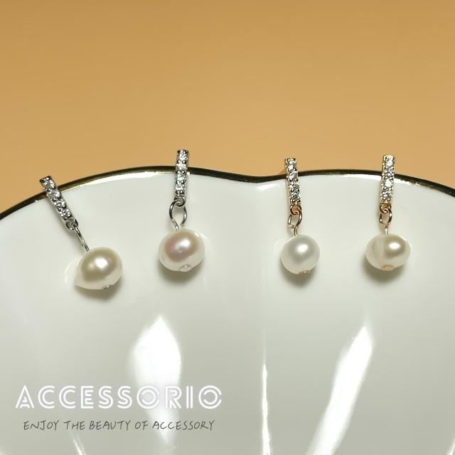 ╶◇╴拾飾 Accessorio 現貨  天然珍珠鋯石 S925純銀一字耳環-細節圖2