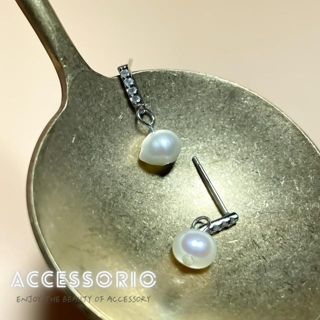 ╶◇╴拾飾 Accessorio 現貨  天然珍珠鋯石 S925純銀一字耳環-細節圖4