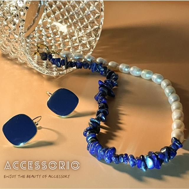 ╶◇╴拾飾 Accessorio 現貨  歐美風 天然珍珠項鍊拼接藍色天然玉石 鈦鋼鍍18K金項鍊-細節圖3