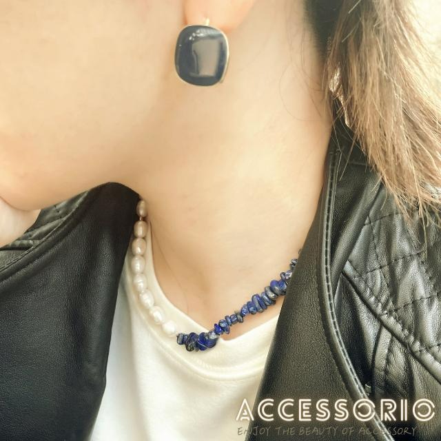 ╶◇╴拾飾 Accessorio 現貨  歐美風 天然珍珠項鍊拼接藍色天然玉石 鈦鋼鍍18K金項鍊-細節圖4