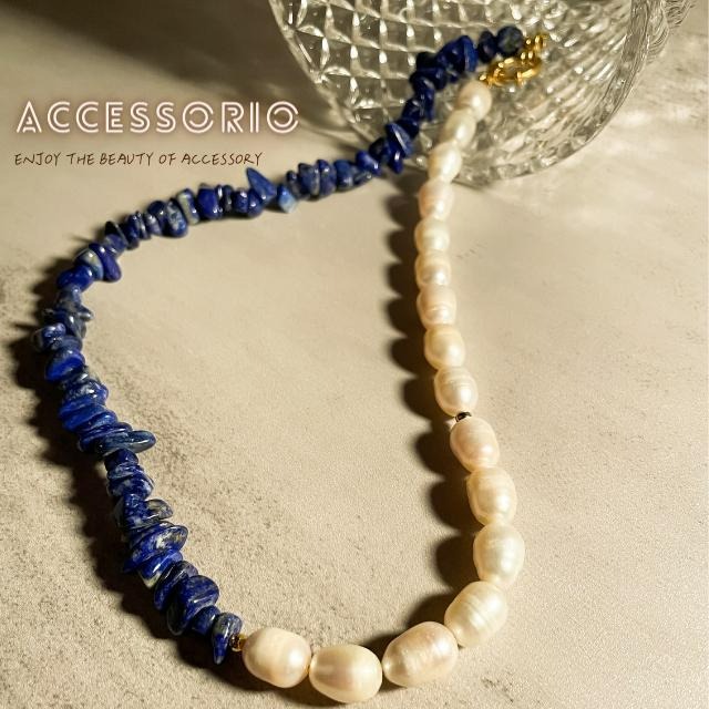 ╶◇╴拾飾 Accessorio 現貨  歐美風 天然珍珠項鍊拼接藍色天然玉石 鈦鋼鍍18K金項鍊-細節圖5