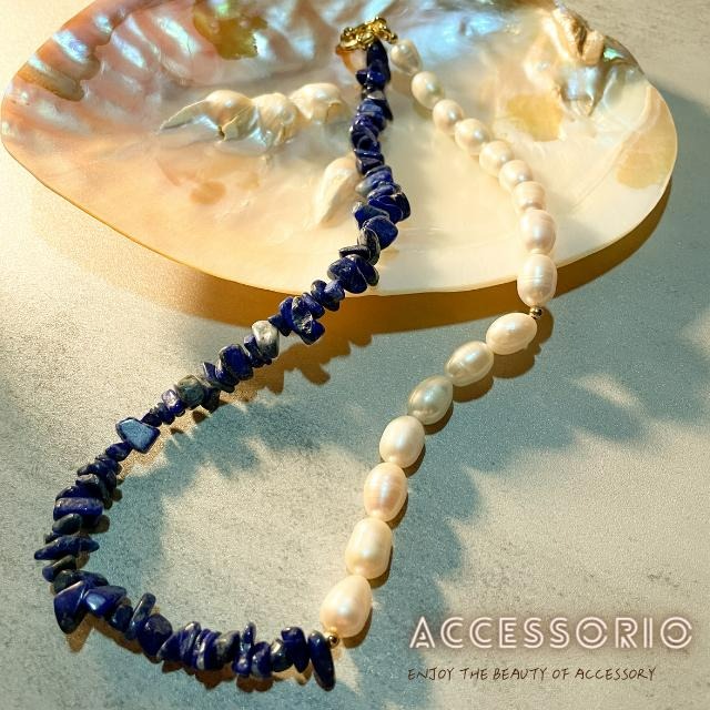 ╶◇╴拾飾 Accessorio 現貨  歐美風 天然珍珠項鍊拼接藍色天然玉石 鈦鋼鍍18K金項鍊-細節圖6