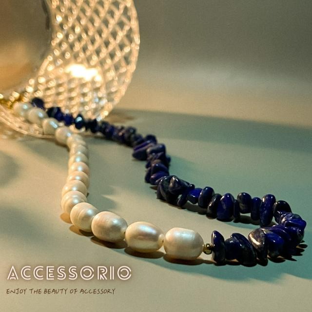 ╶◇╴拾飾 Accessorio 現貨  歐美風 天然珍珠項鍊拼接藍色天然玉石 鈦鋼鍍18K金項鍊-細節圖7