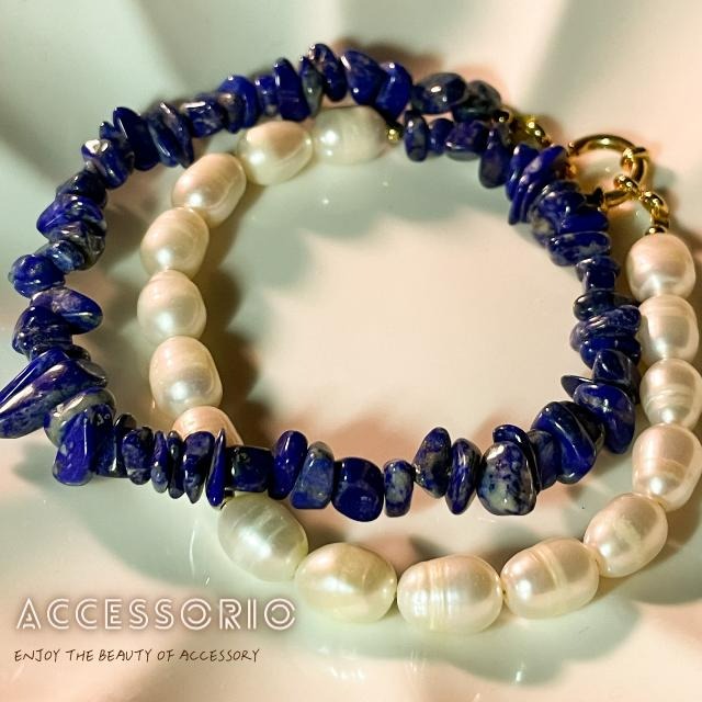 ╶◇╴拾飾 Accessorio 現貨  歐美風 天然珍珠項鍊拼接藍色天然玉石 鈦鋼鍍18K金項鍊-細節圖8