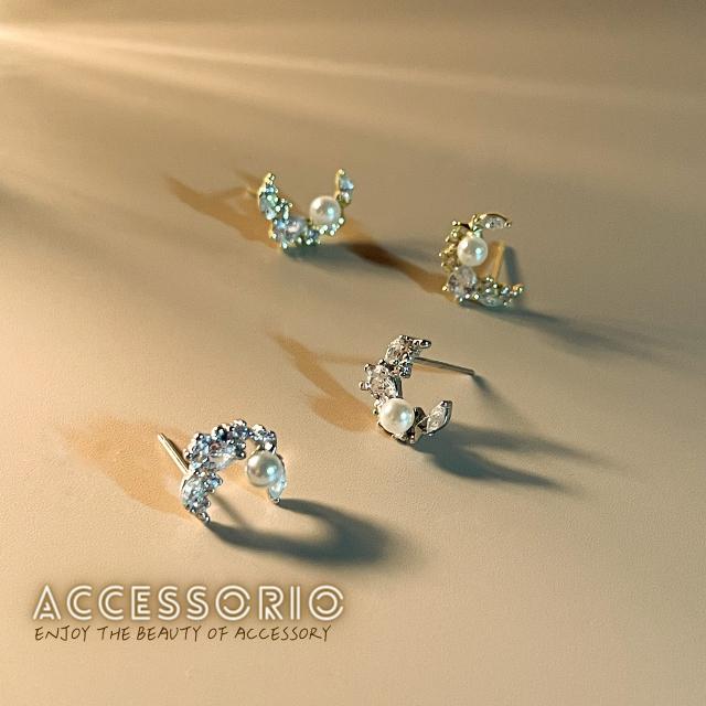 ╶◇╴拾飾 Accessorio 現貨  日系 珍珠月牙鋯石 S925鍍14K金耳環-細節圖2