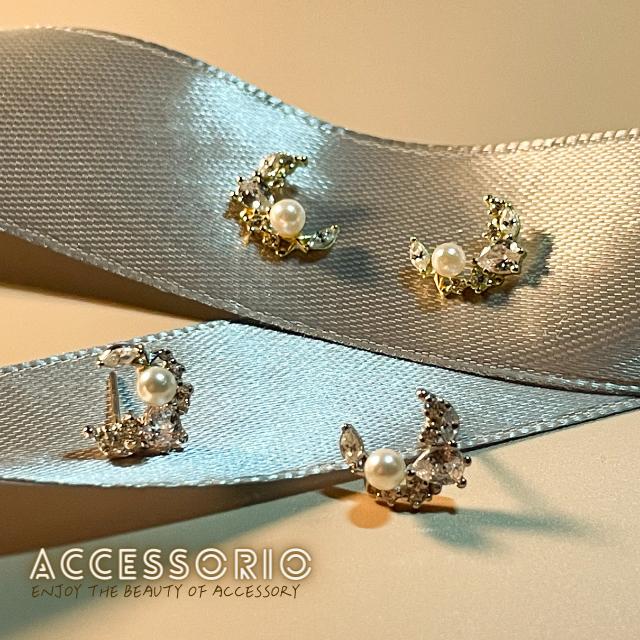 ╶◇╴拾飾 Accessorio 現貨  日系 珍珠月牙鋯石 S925鍍14K金耳環-細節圖4