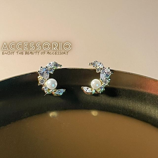 ╶◇╴拾飾 Accessorio 現貨  日系 珍珠月牙鋯石 S925鍍14K金耳環-細節圖7
