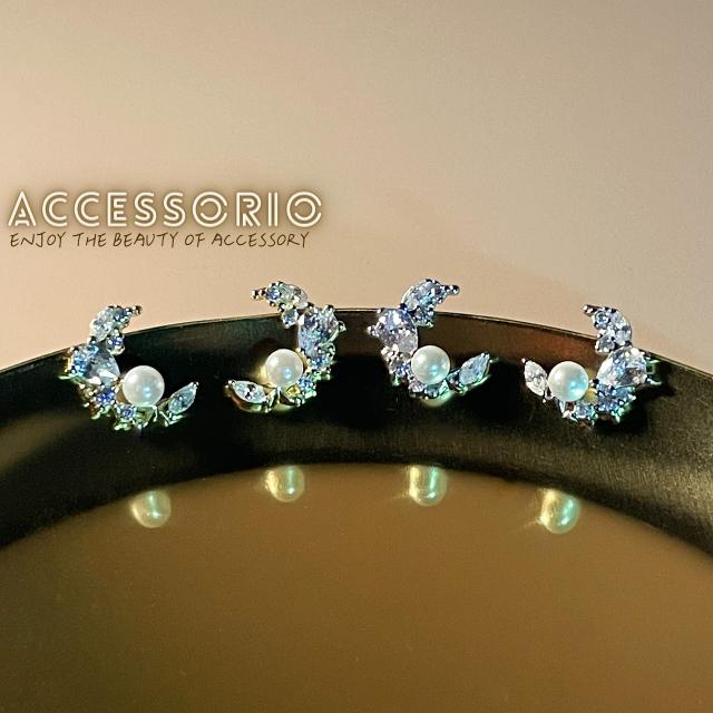 ╶◇╴拾飾 Accessorio 現貨  日系 珍珠月牙鋯石 S925鍍14K金耳環-細節圖8