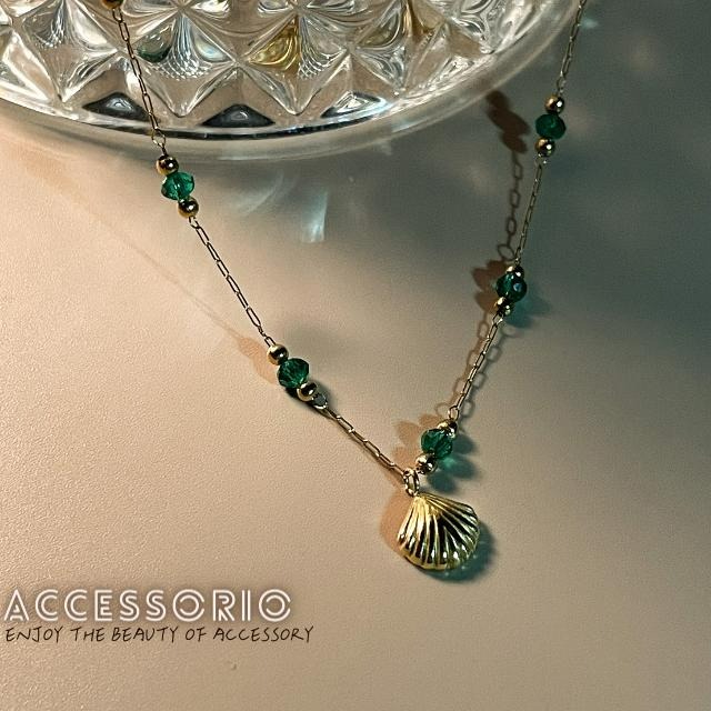 ╶◇╴拾飾 Accessorio 現貨  綠珠手工細項鍊 百搭 鈦鋼鍍18K金 小貝殼項鍊-細節圖2