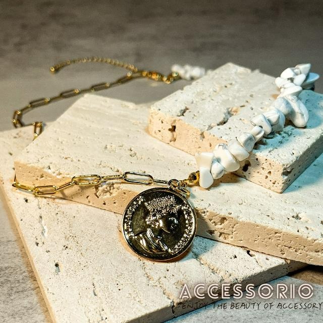 ╶◇╴拾飾 Accessorio 現貨  歐美風 項鍊拼接白色天然玉石 女王金幣吊墜 鎖骨鍊 鍍18K金項鍊-細節圖2