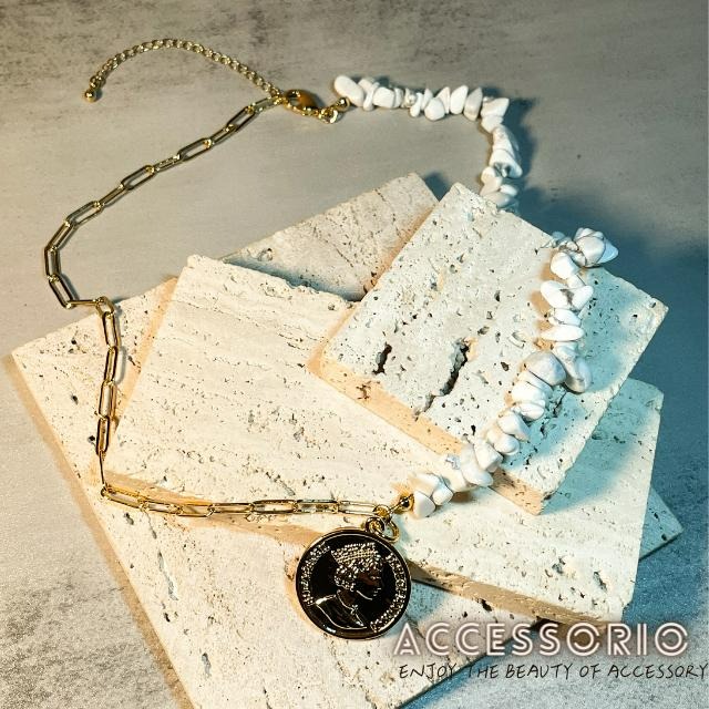 ╶◇╴拾飾 Accessorio 現貨  歐美風 項鍊拼接白色天然玉石 女王金幣吊墜 鎖骨鍊 鍍18K金項鍊-細節圖3