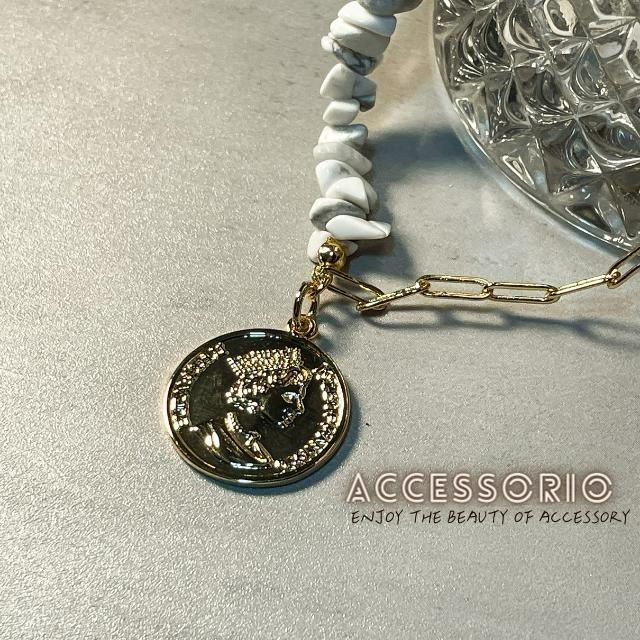 ╶◇╴拾飾 Accessorio 現貨  歐美風 項鍊拼接白色天然玉石 女王金幣吊墜 鎖骨鍊 鍍18K金項鍊-細節圖5