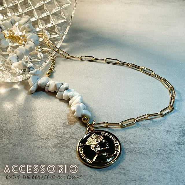 ╶◇╴拾飾 Accessorio 現貨  歐美風 項鍊拼接白色天然玉石 女王金幣吊墜 鎖骨鍊 鍍18K金項鍊-細節圖6