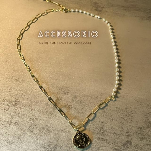 ╶◇╴拾飾 Accessorio 現貨 天然珍珠項鍊 拼接復古錢幣 電鍍14K金項鍊