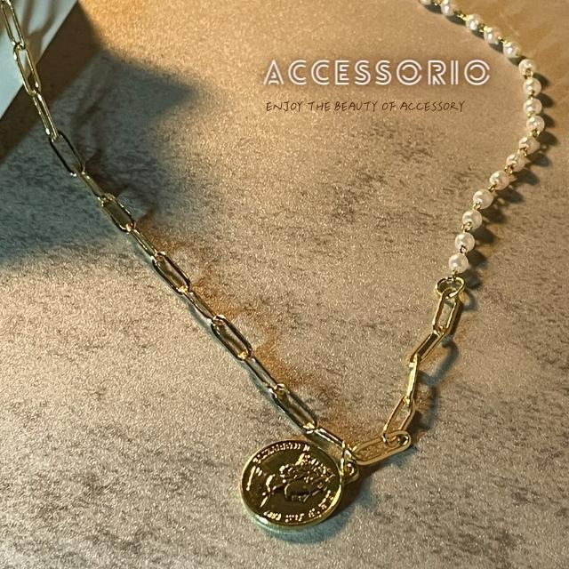 ╶◇╴拾飾 Accessorio 現貨  天然珍珠項鍊 拼接復古錢幣 電鍍14K金項鍊-細節圖2