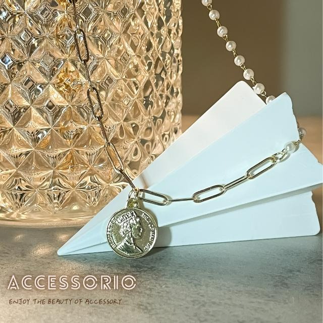 ╶◇╴拾飾 Accessorio 現貨  天然珍珠項鍊 拼接復古錢幣 電鍍14K金項鍊-細節圖3