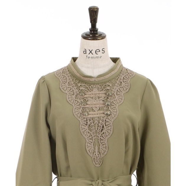 🌟【現貨】axes femme 拿破崙風黃綠色立領洋裝 正品 黃綠色 日牌 長洋 立領 日貨 日本品牌 長洋-細節圖4