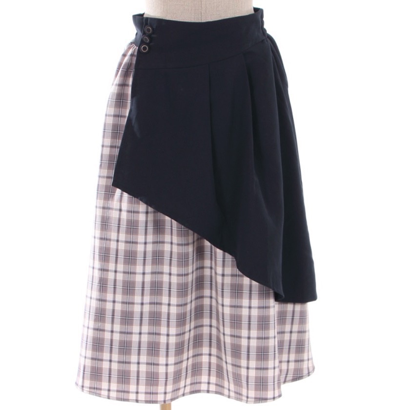 🌟【現貨】axes femme 不對稱雙色格紋長裙 深藍 正品 日牌 日貨 日本品牌 代購-細節圖2