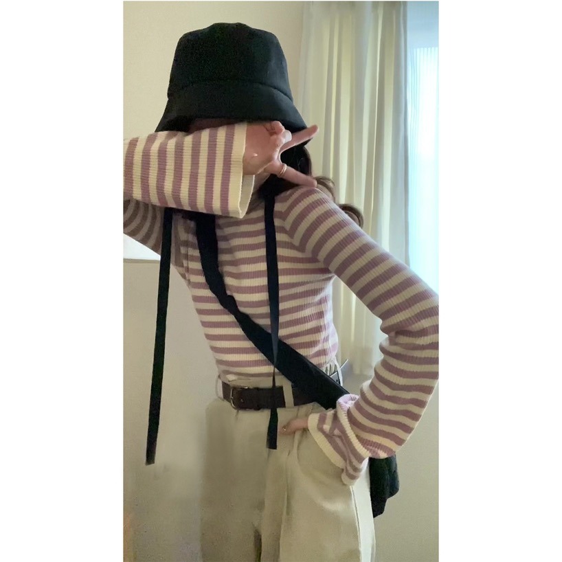 🌟【現貨】GRL 條紋喇叭袖針織上衣 藍色 S 全新正品 日牌 日貨 日本品牌 代購 高領 羅紋 針織上衣 條紋-細節圖2