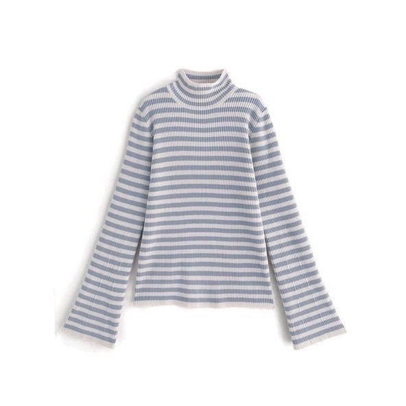 🌟【現貨】GRL 條紋喇叭袖針織上衣 藍色 S 全新正品 日牌 日貨 日本品牌 代購 高領 羅紋 針織上衣 條紋-細節圖3