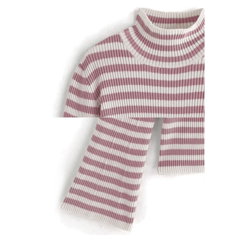 🌟【現貨】GRL 條紋喇叭袖針織上衣 藍色 S 全新正品 日牌 日貨 日本品牌 代購 高領 羅紋 針織上衣 條紋-細節圖5