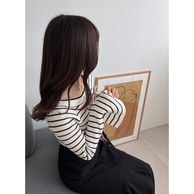 🌟【現貨】GRL 2WAY條紋喇叭袖針織上衣 米白x黑 S 全新正品 日牌 日貨 代購 針織上衣 條紋 喇叭袖-細節圖4