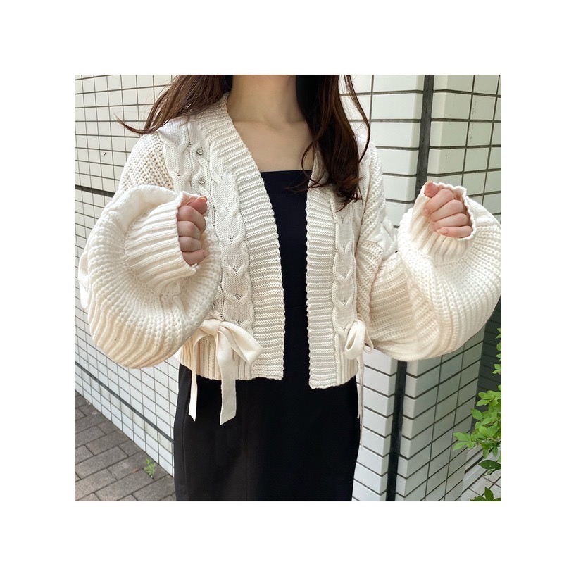 🌟【現貨】GRL 麻花編織寶石蝴蝶結針織外套 F 全新正品 日牌 日貨 日本品牌 代購 外套 針織 毛衣 開襟-細節圖3