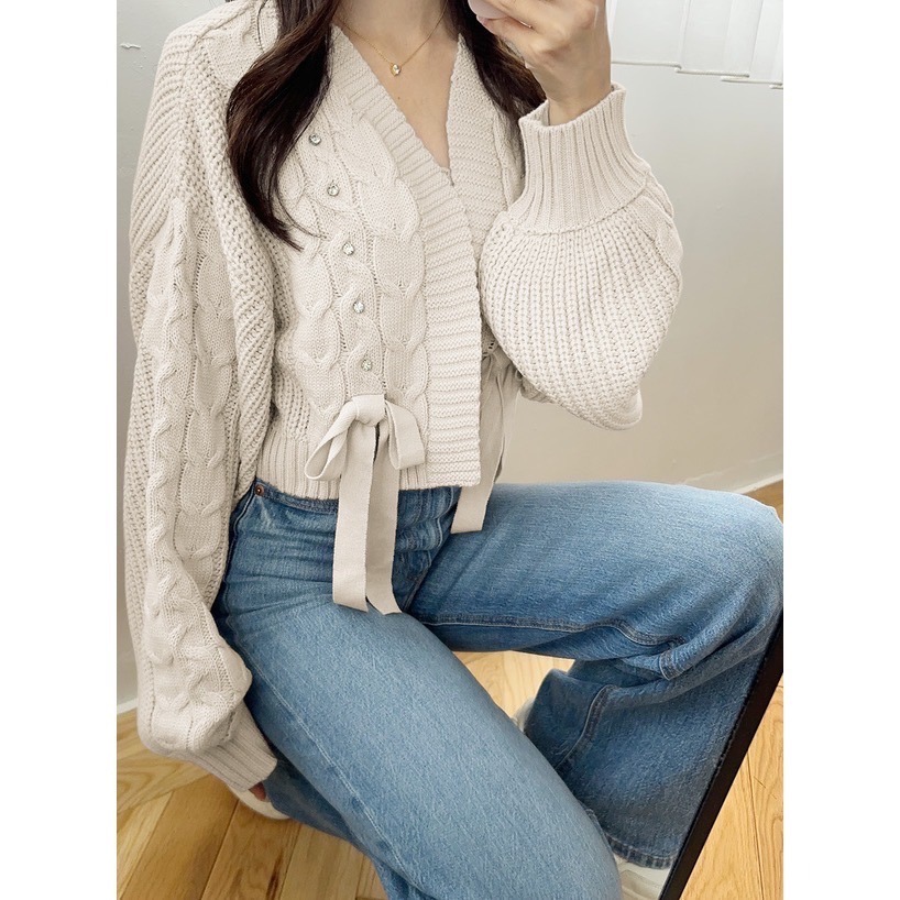 🌟【現貨】GRL 麻花編織寶石蝴蝶結針織外套 F 全新正品 日牌 日貨 日本品牌 代購 外套 針織 毛衣 開襟-細節圖5