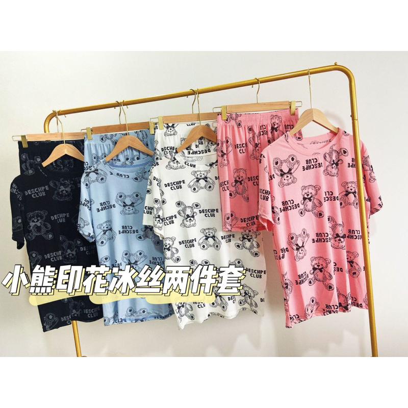 夏季冰絲小熊閨蜜套裝睡衣女家居服短褲短袖可愛睡衣 褲兩件套-細節圖9