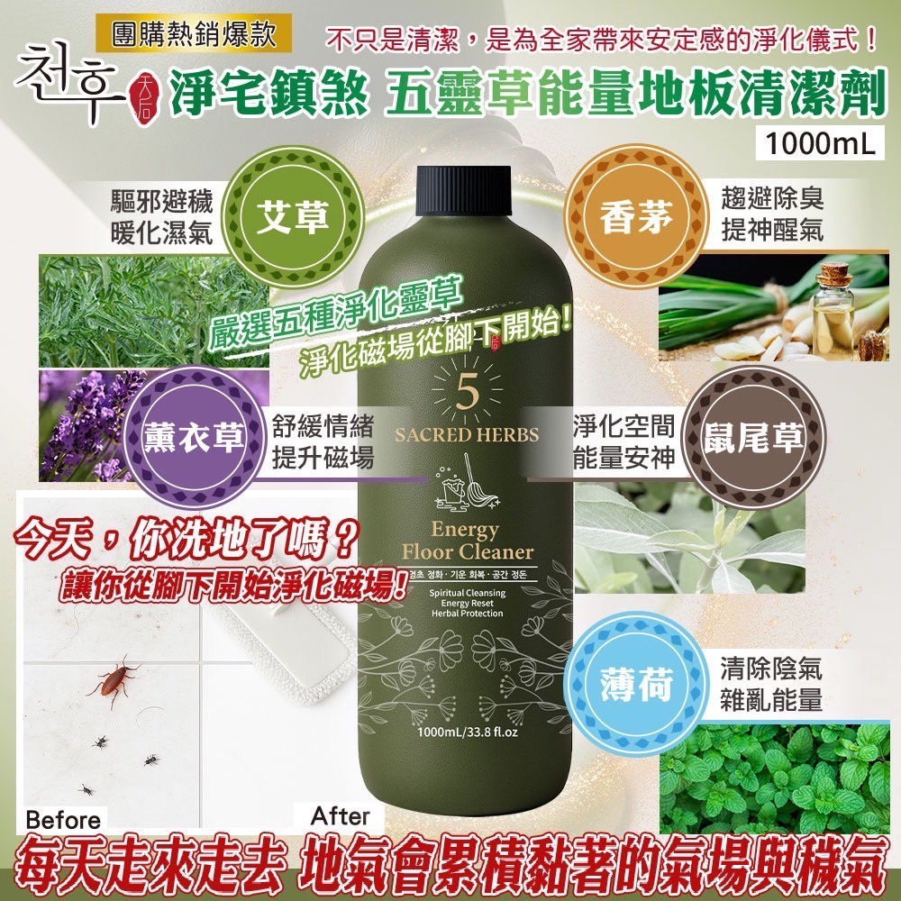 現貨 新上市 天后 淨宅鎮煞五靈草地板清潔劑（五靈草：艾草、香茅、鼠尾草、薰衣草、薄荷）賣場有大罐尤加利茶樹地板-細節圖3