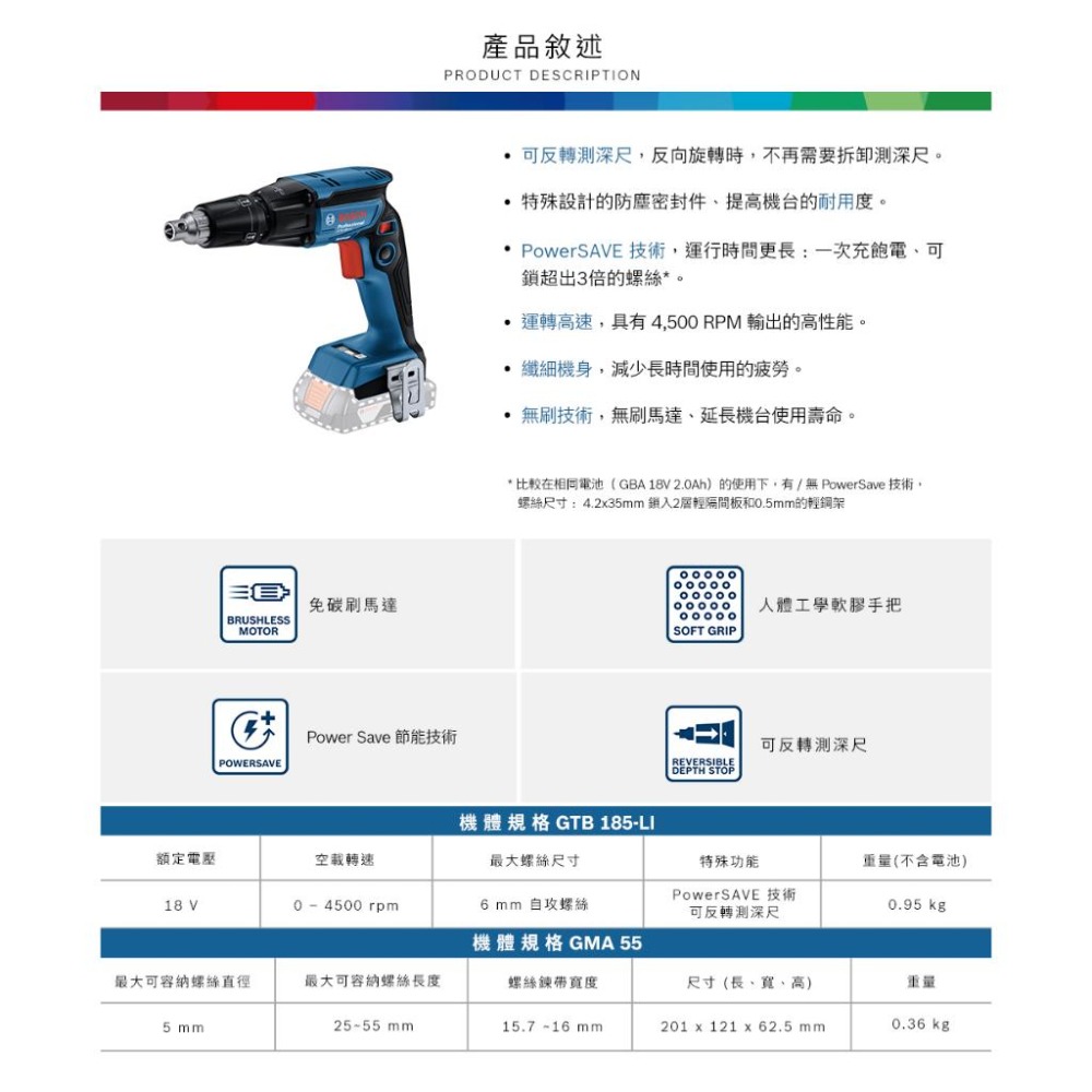 博世電動工具 GTB 185-LI 含GMA55 專業無刷起子機 石膏板 隔間板 浪板 起子機 附發票全台博世保固維修-細節圖3