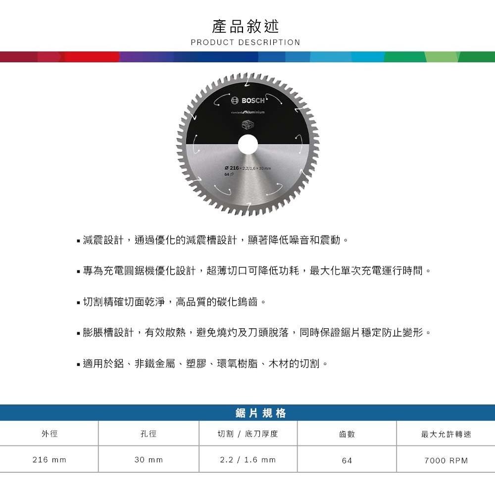 博世 電動工具 鎢鋼超薄圓鋸片 216mm / T64 64齒 切鋁 圓鋸片 附發票 全台博世保固維修-細節圖4