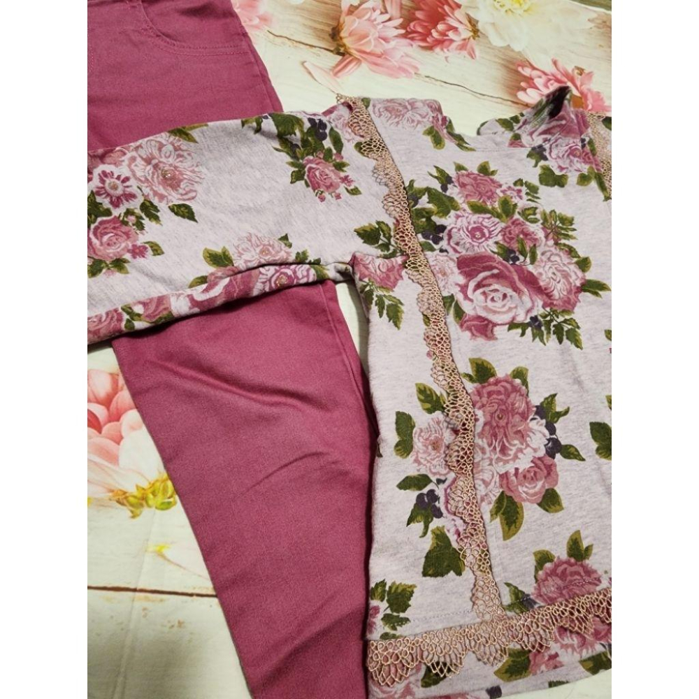 桃紅長袖套裝 2-3T 100 版大（A)-細節圖2