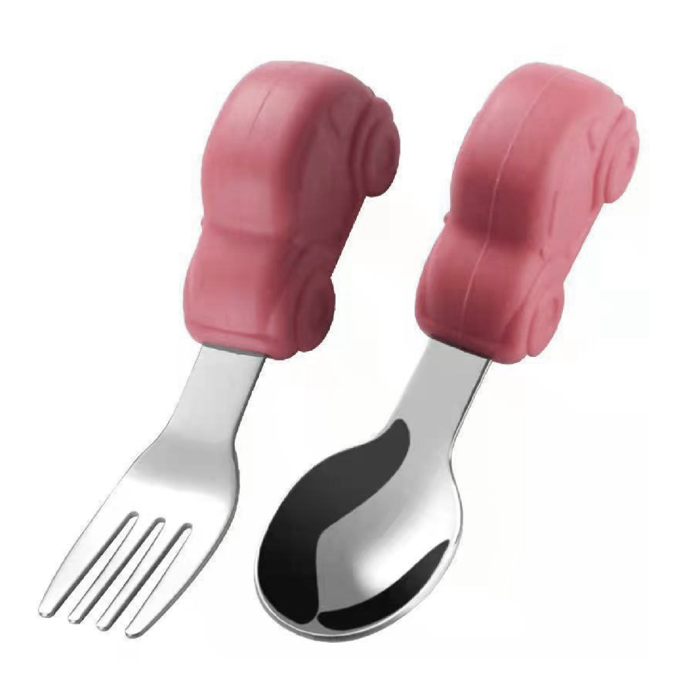 汽車短柄叉勺組-蜜桃粉(附收納盒)