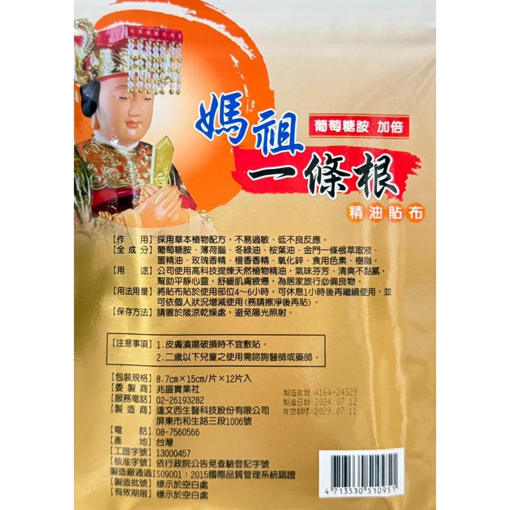 媽祖一條根貼布12片入/包 涼款 溫款-細節圖2