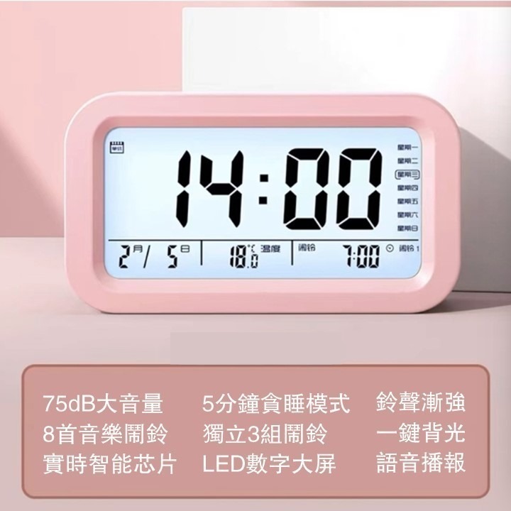 【台灣24H出貨多功能】LED電子鬧鐘充電款 節能背光 智能感應 夜光電子鐘 塑膠時鐘 貪睡鬧鈴 日期溫度 語音報時-細節圖3