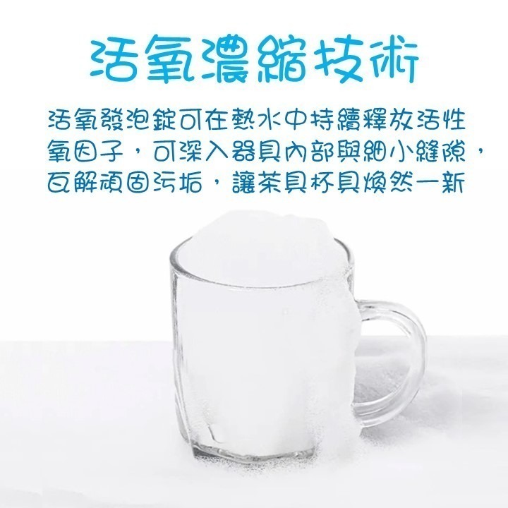【台灣24H出貨】活氧發泡錠 超高活氧因子 茶壺杯具器皿 深入縫隙有效殺菌 浸泡除垢 免刷清潔 茶垢酒漬 活氧除垢泡騰片-細節圖2