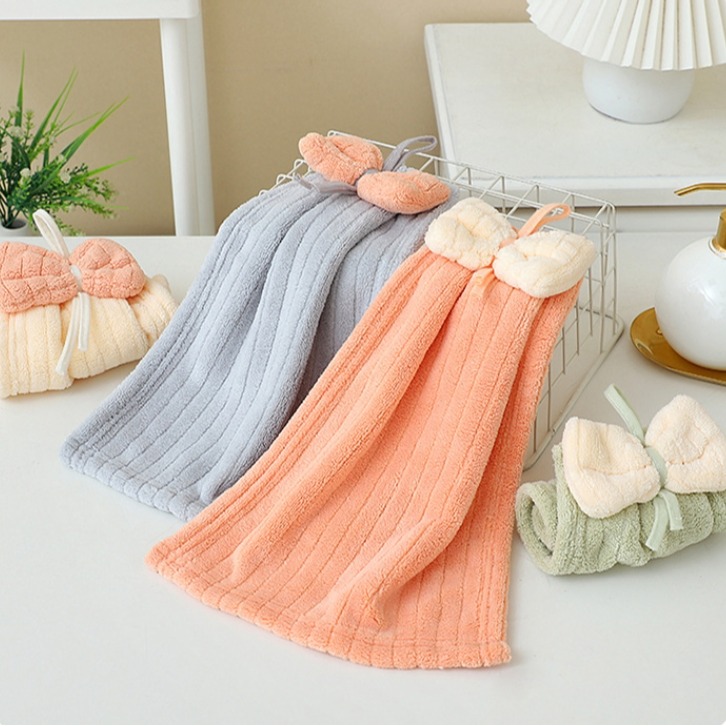【台北24H出貨】珊瑚絨蝴蝶結擦手巾 廚房浴室適用 懸掛式收納 加厚吸水毛巾 清潔布 擦手毛巾 洗碗巾 不沾油 柔軟親膚-細節圖2