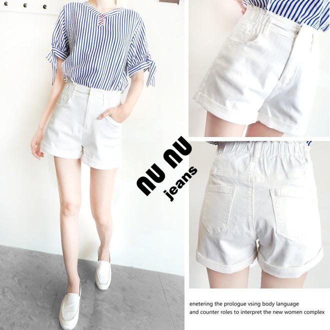 花苞鬆緊鈕釦褲頭 全件超彈 時尚休閒短褲 捲邊反摺 前後口袋NN.131.863-細節圖3