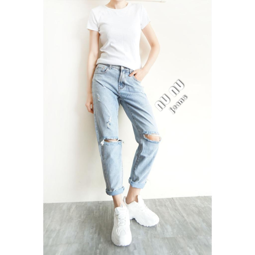 日系水洗丹寧挺版復古風哈倫男友褲/哈倫褲/牛仔長褲/個性破膝鬚邊/破洞牛仔褲/BF風/牛仔褲女NN.576.206-細節圖2