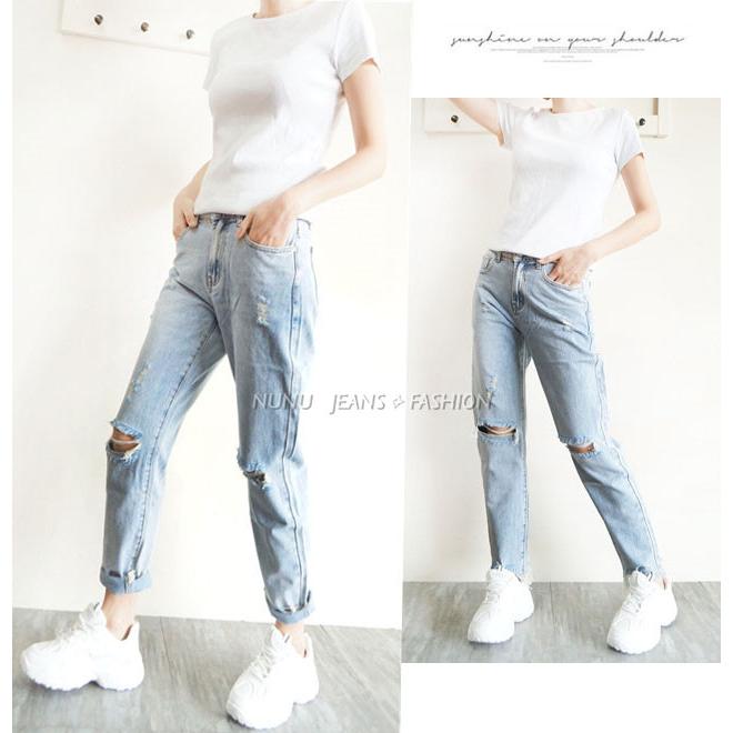 日系水洗丹寧挺版復古風哈倫男友褲/哈倫褲/牛仔長褲/個性破膝鬚邊/破洞牛仔褲/BF風/牛仔褲女NN.576.206-細節圖3