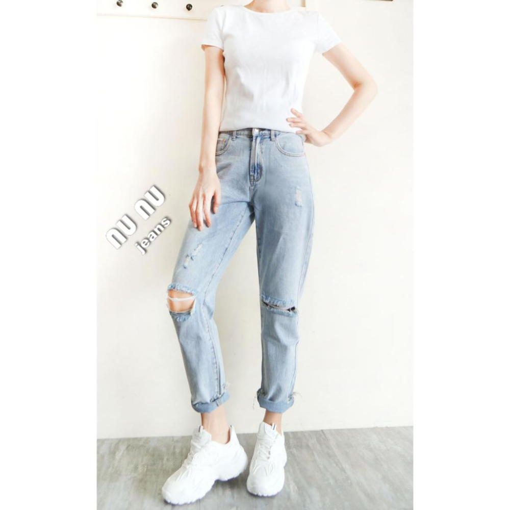 日系水洗丹寧挺版復古風哈倫男友褲/哈倫褲/牛仔長褲/個性破膝鬚邊/破洞牛仔褲/BF風/牛仔褲女NN.576.206-細節圖4